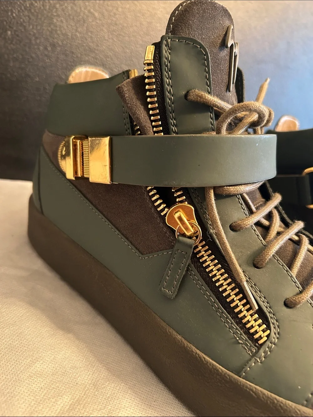 Giuseppe Zanotti Brown and Olive High-Top Sneakers with Gold Hardware